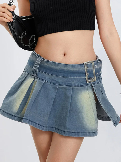 Retro Belted Pleated Denim Skirt