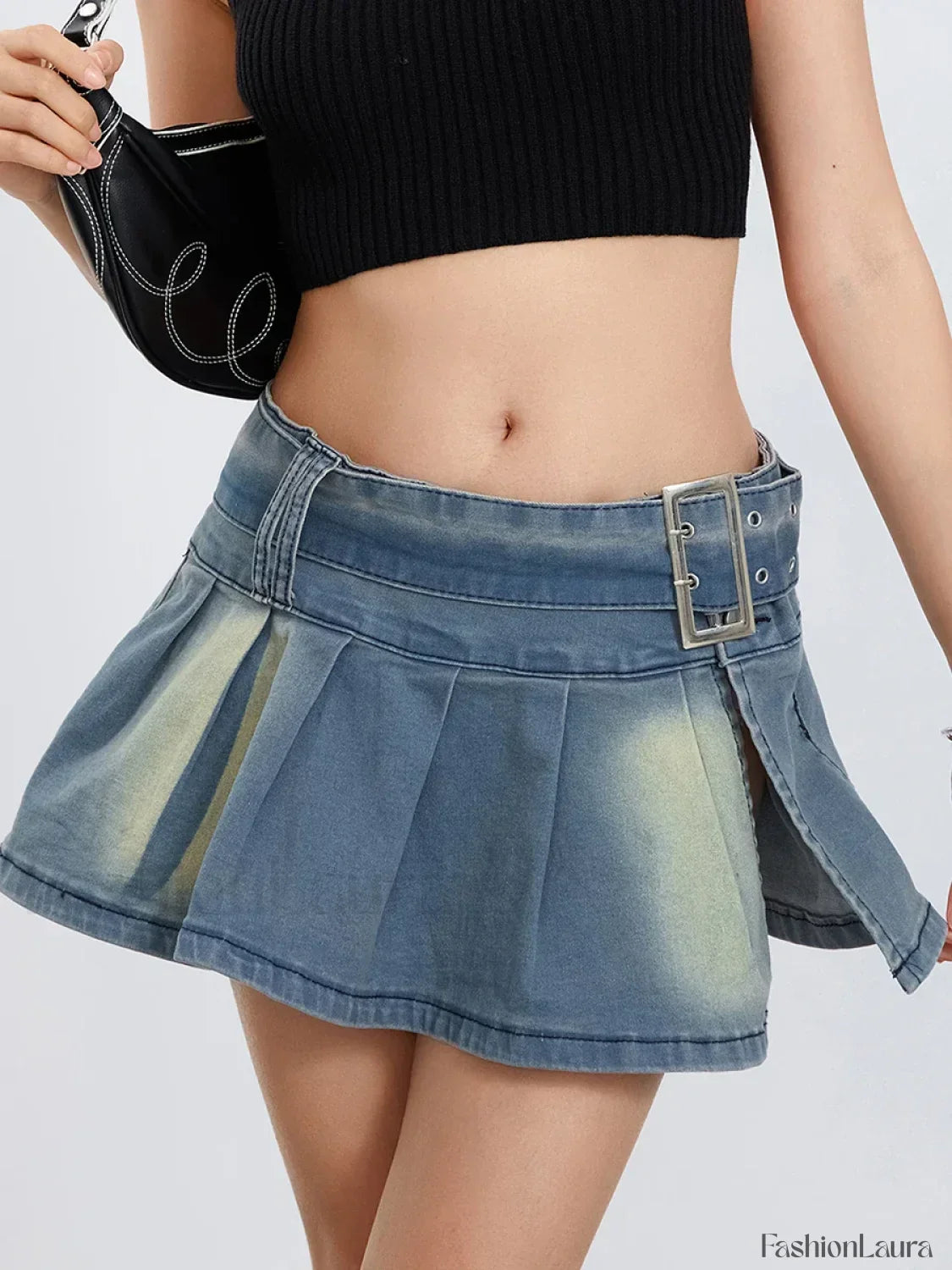 Retro Belted Pleated Denim Skirt