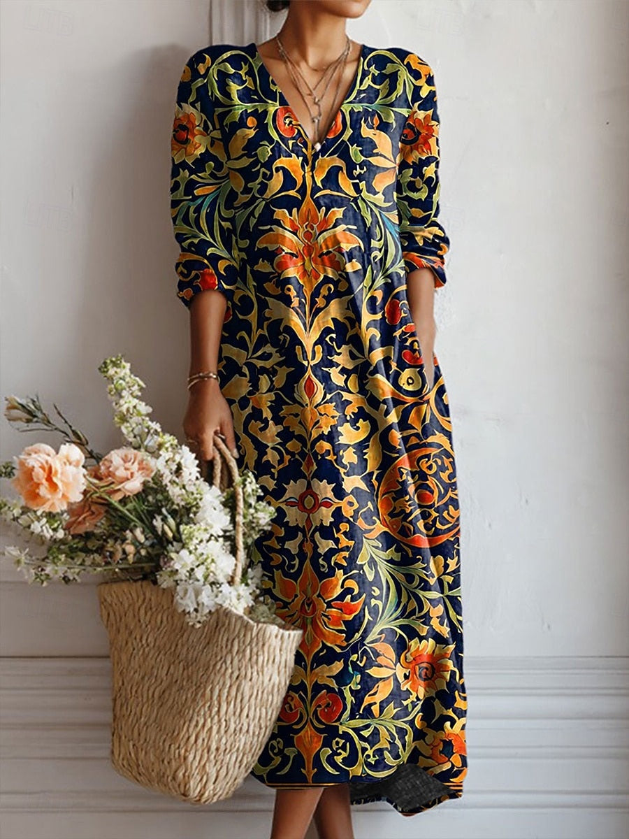 Women's Boho V Neck Floral Midi Dress – Casual Summer Comfort Dress