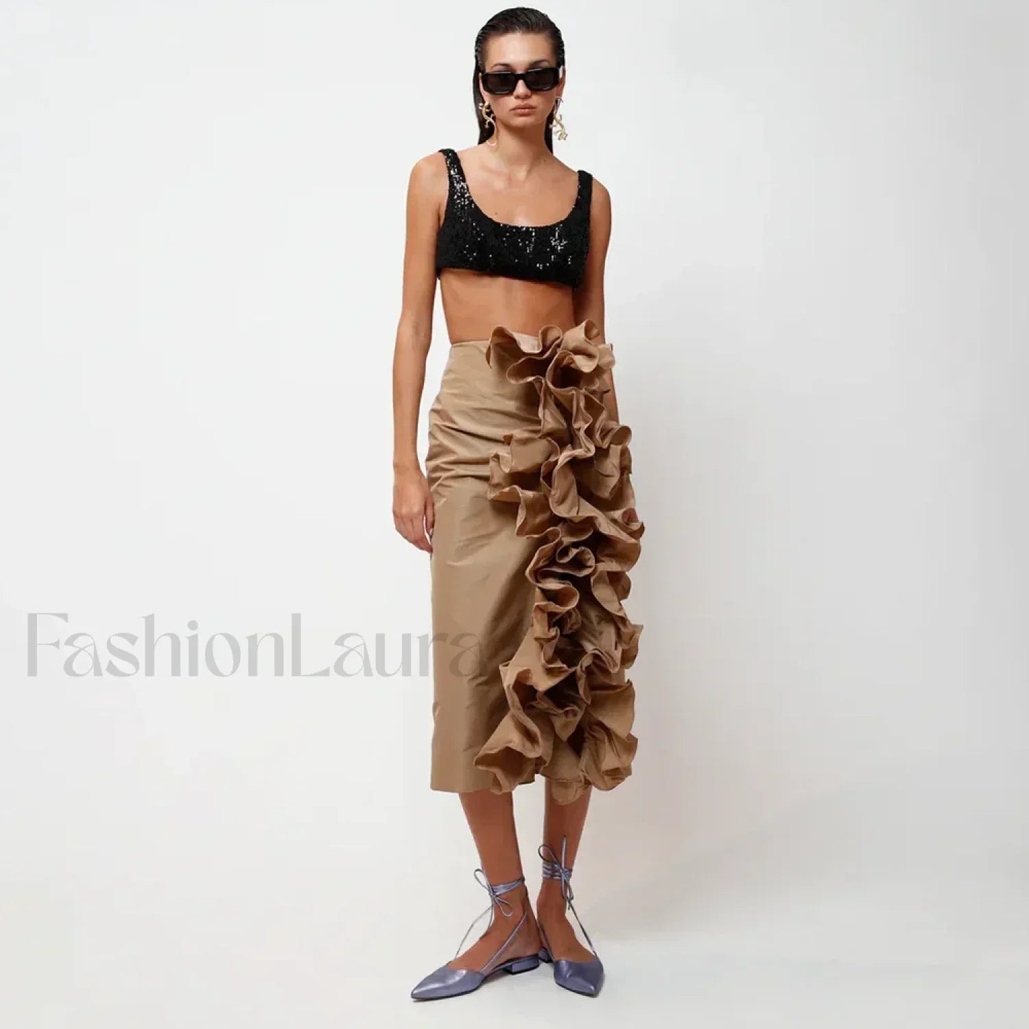Taffeta Ruffle Midi Pencil Skirt
