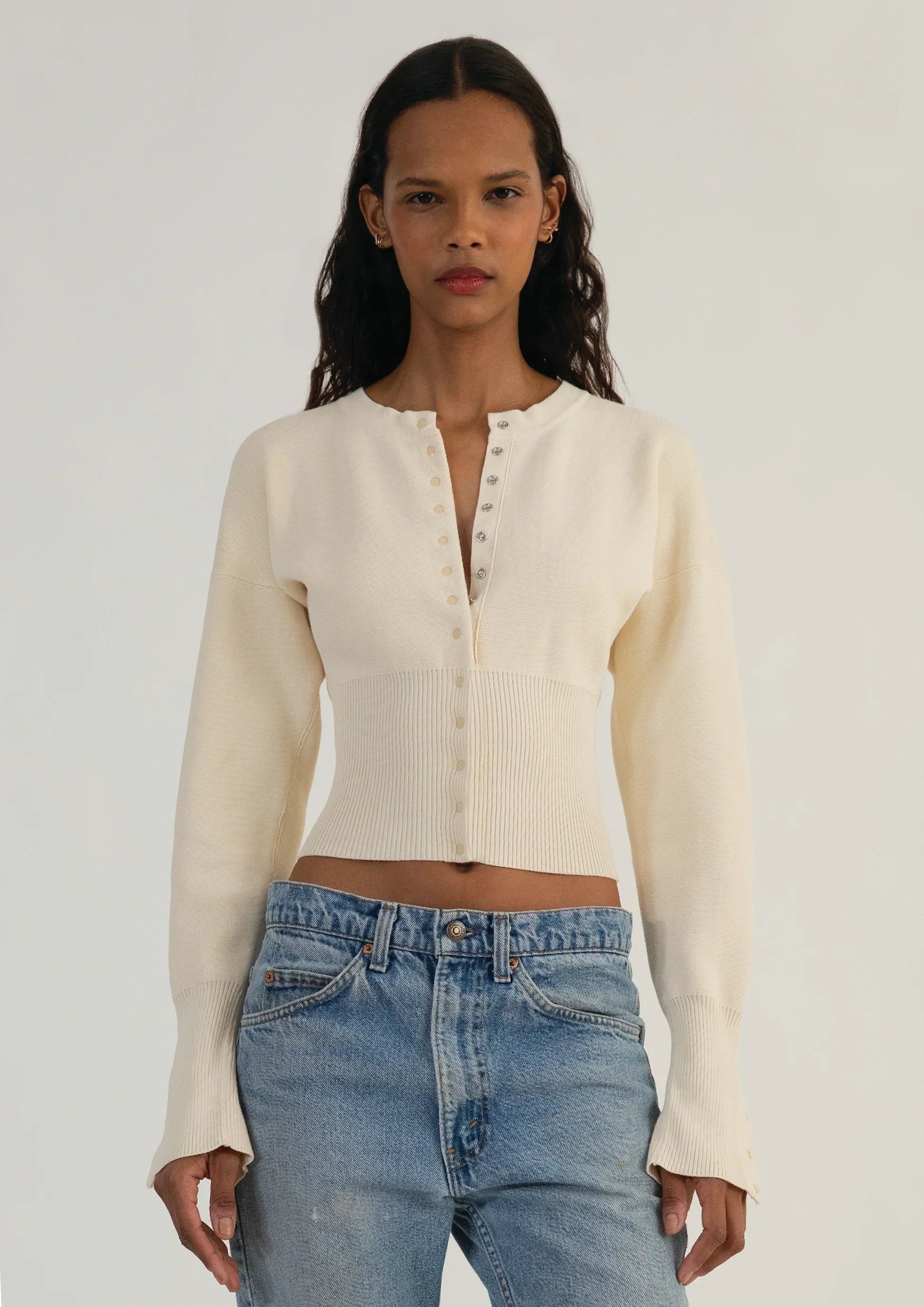 Women's Ribbed Cropped Button Cardigan – Fitted Long Sleeve Knit Top