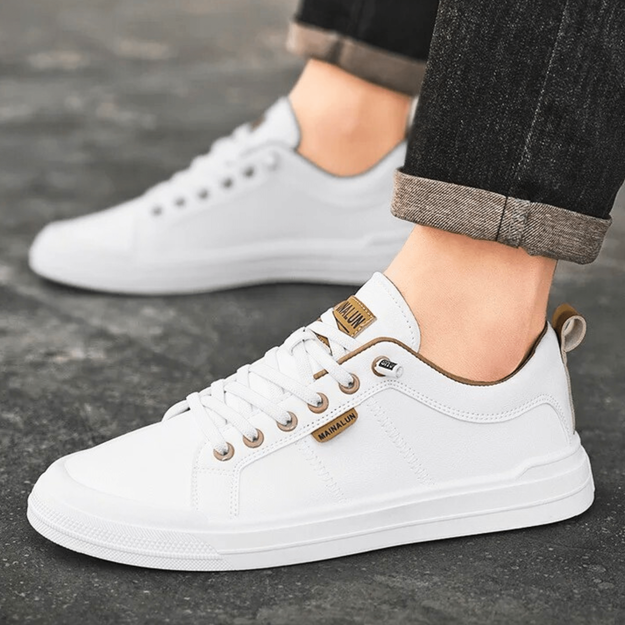 Men’s White Lace-Up Leather Sneakers – Classic Casual Comfort Shoes