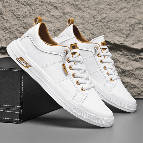 Men’s White Lace-Up Leather Sneakers – Classic Casual Comfort Shoes
